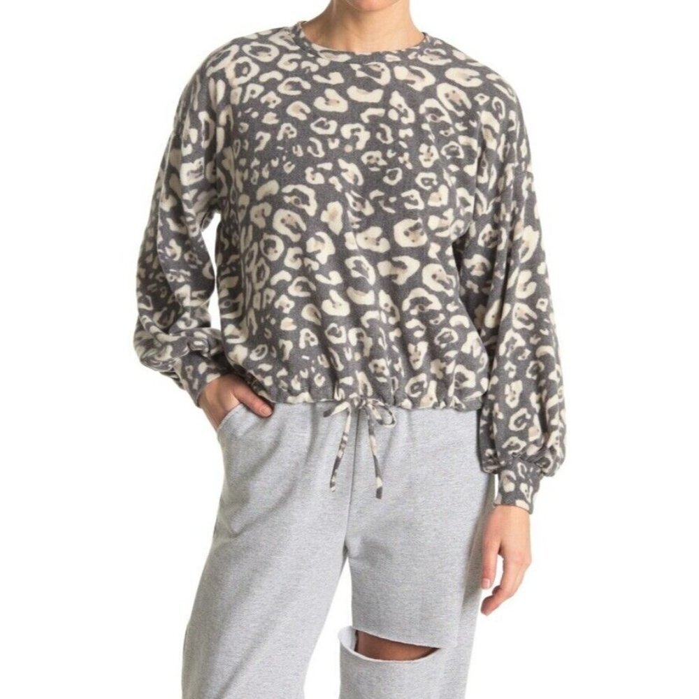Know One Cares Brushed Knit Leopard Print Drawstring Hem Sweater